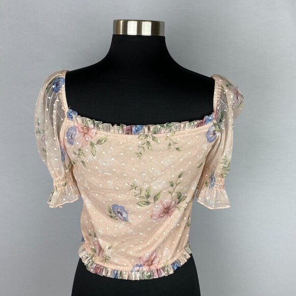 Willow Top Crop Floral Semi Sheer Ruffled Bohemian Polka Dot Pretty M - Picture 6 of 7